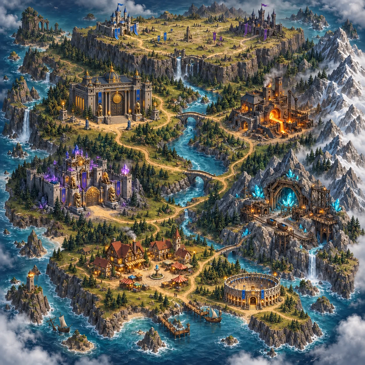 An island realm with a fortified Iron Bank, castles, a glowing forge, crystal mines, a village and an unlabeled arena along the southern shore.
